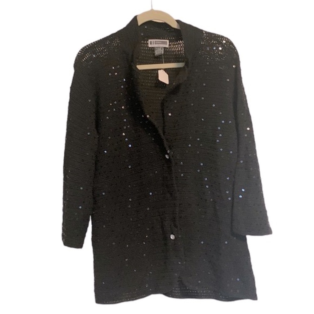 Studio by Jessica London Womens Black Sequin Knit Jacket 2X Plus Button Mob Wife